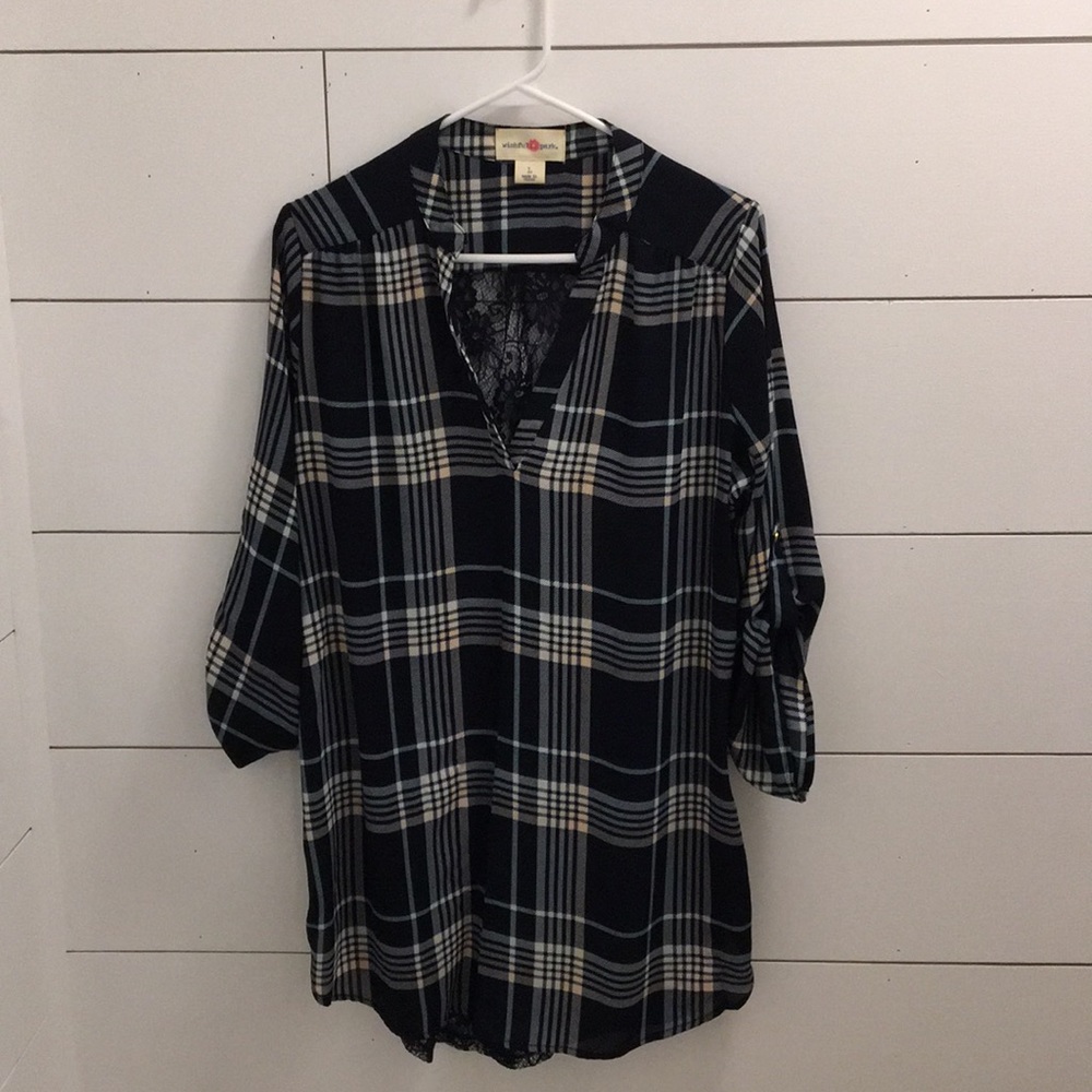 Women’s navy Plaid blouse/tunic with lace back